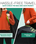 Large Stroller Travel Bag for Airplane Use with adjustable shoulder straps and comfort grip handle shown being held by person in orange sweater.