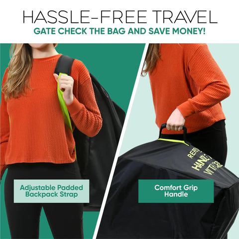 Large Stroller Travel Bag for Airplane Use with adjustable shoulder straps and comfort grip handle shown being held by person in orange sweater.