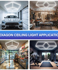 Hexagon LED Garage Light With Aluminum Hex Ceiling Mount installed in garage, workshop, shop, and home gym settings.