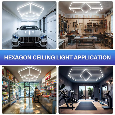 Hexagon LED Garage Light With Aluminum Hex Ceiling Mount installed in garage, workshop, shop, and home gym settings.