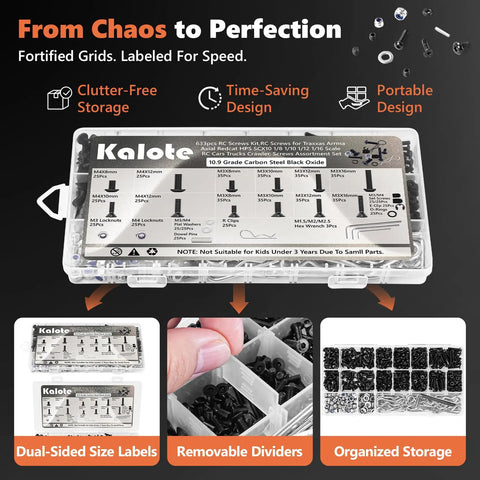 Ultra Strong 633 Piece RC Screw Kit With 10.9 Grade Carbon Steel High Tensile Hex Screws Assortment storage case with dividers