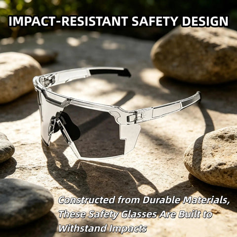 Top Shelf Photochromic Safety Glasses With UV400 Polarized Lenses, gray tint, impact-resistant design, outdoor use.