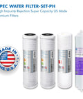Ultimate Series 90 GPD Alkaline Reverse Osmosis Replacement Filter Set For RO PH90 Systems Includes 1 Sediment Filter 2 Carbon Block Filters And FI PHPLUS QC Alkaline Calcite Filter USA Made 5 Micron Stage 1 For Long Lasting Clean Water displayed