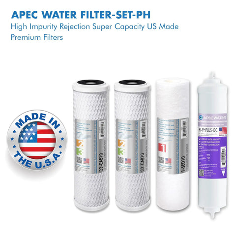 Ultimate Series 90 GPD Alkaline Reverse Osmosis Replacement Filter Set For RO PH90 Systems Includes 1 Sediment Filter 2 Carbon Block Filters And FI PHPLUS QC Alkaline Calcite Filter USA Made 5 Micron Stage 1 For Long Lasting Clean Water displayed
