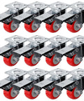 12 Pack 2 Inch Swivel Plate Caster Wheels With Brakes Red Polyurethane Casters for Furniture Tools and Equipment high load capacity.