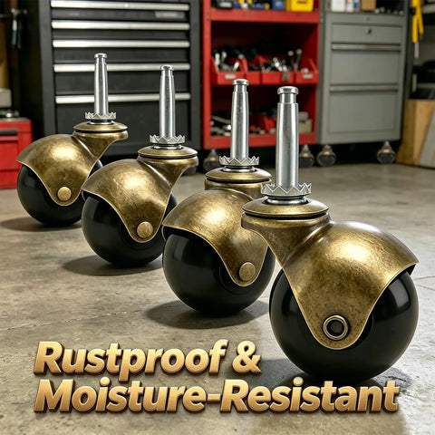 2 Inch Ball Caster Wheels Set Of 4 With Vintage Antique Brass Finish And Five Sixteenth Inch By One And A Half Inch Stem And Sleeve Heavy Duty Swivel Furniture Casters For Chairs Cabinets Tables And More, shown in a workshop background with text 'Rustproof & Moisture-Resistant'.