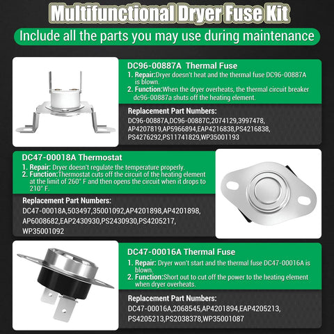 Dryer Heating Element Replacement Kit With Fuse And Thermostat For Samsung Dryers DC96-00887A Fuse, DC47-00018A