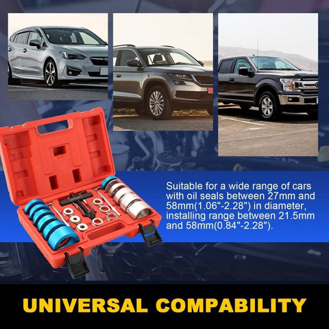 Crankshaft Oil Seal Installer And Remover Tool Kit With Seal Drive Set, red case, various adapters for 27-58 mm seals shown.