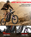 Badass 10000W Electric Dirt Bike For Adults With 72V 35Ah Battery Offering 52 Mile Range and rugged full suspension on rocky terrain.