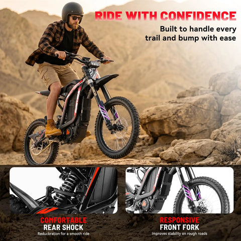 Badass 10000W Electric Dirt Bike For Adults With 72V 35Ah Battery Offering 52 Mile Range and rugged full suspension on rocky terrain.