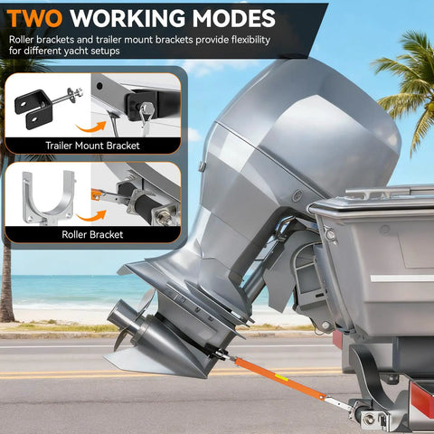Heavy Duty Adjustable Boat Transom Saver Supports Up To 100 HP Outboard Motor With Five Step Adjustments mounted on boat.