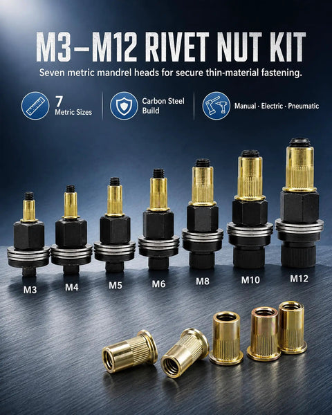 Carbon Steel Rivet Nut Tool Kit With M3 To M12 Mandrel Head And Rivnut Set For Thin Sheet Metal And Tubing, Heavy Duty Built To Last Pro Grade Fasteners, Dual Bearing Design For Smooth, Reusable Threaded Inserts, M3-M12 heads shown
