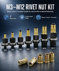 Heavy Duty Carbon Steel Rivet Nut Tool Kit With M3 To M12 Mandrels and Rivnut Sockets, showing 7 metric sizes for fastening.