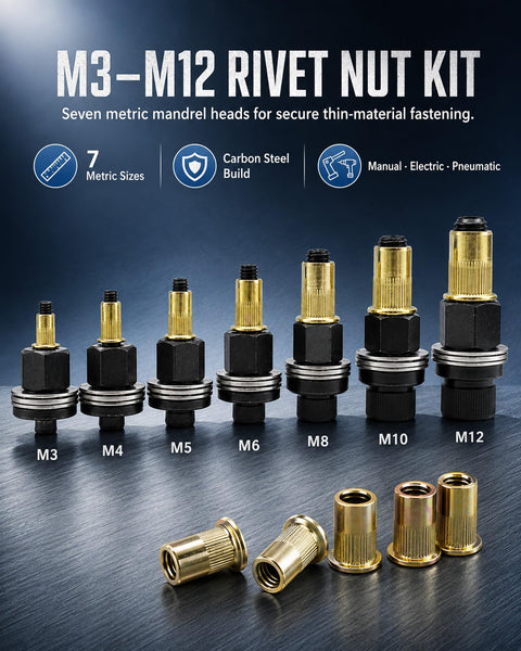 Heavy Duty Carbon Steel Rivet Nut Tool Kit With M3 To M12 Mandrels and Rivnut Sockets, showing 7 metric sizes for fastening.