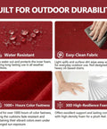 Grid image showing features of outdoor chair cushions: water resistant, easy-clean fabric, color fastness, and 30D high-resilience foam.