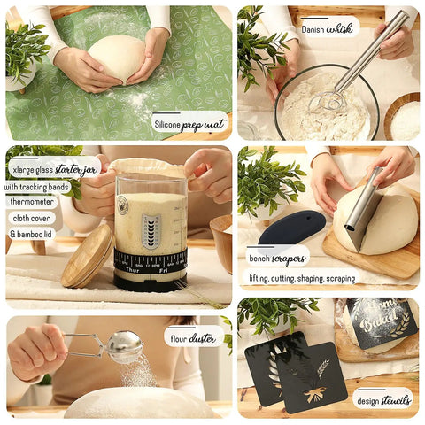 All In One Sourdough Starter Kit With Pot 34 Oz Starter Jar 4 Banneton Baskets Scraper Scale Beginner Guide For Homemade Bread Making
