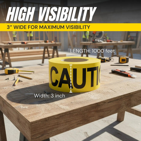 Bright Yellow Caution Tape 3 Inch Wide Roll 1000 Feet High Visibility With Bold Black Text on construction site table