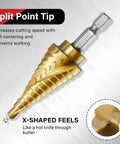 Close-up of Heavy Duty Step Drill Bit Set For DIY Lovers With 31 Sizes And 1 Quarter Inch Hex Shank HSS Titanium Coated Spiral Grooved Bits