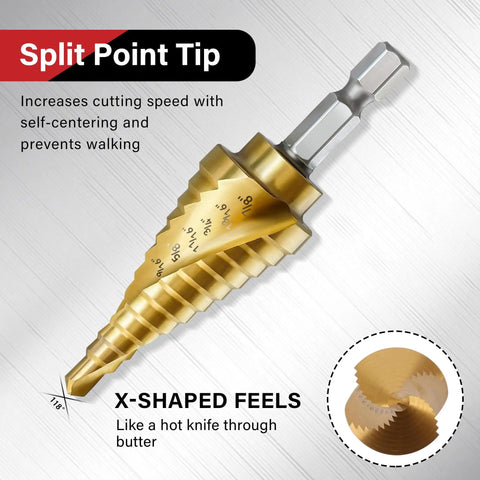 Close-up of Heavy Duty Step Drill Bit Set For DIY Lovers With 31 Sizes And 1 Quarter Inch Hex Shank HSS Titanium Coated Spiral Grooved Bits