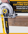 12 Inch Beam Cutter Attachment For Circular Saws - Fits Seven And A Quarter Inch Saws, Non-Worm Drive, Boost Depth From Two And A Half Inches To Twelve Inches, Yellow Black, installed on saw