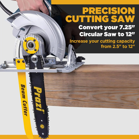 12 Inch Beam Cutter Attachment For Circular Saws - Fits Seven And A Quarter Inch Saws, Non-Worm Drive, Boost Depth From Two And A Half Inches To Twelve Inches, Yellow Black, installed on saw