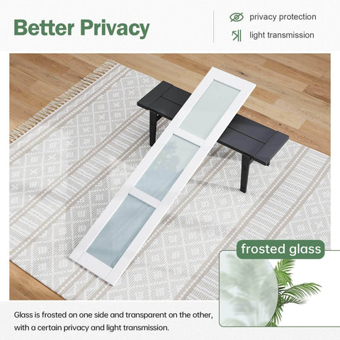 Double 18x84 White Frosted Glass Bifold Barn Door Set panel on a rug, showing frosted glass design for privacy.