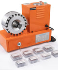 Badass Shop Ready 110 Volt Electric Hydraulic Hose Crimper Featuring Eight Pro Grade Dies on orange base with storage cases.