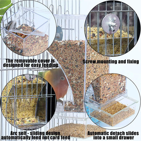 Top Tier No Mess Bird Feeder Set That Keeps The Cage Crisp Includes cozy perch and clear acrylic hopper with removable cover.