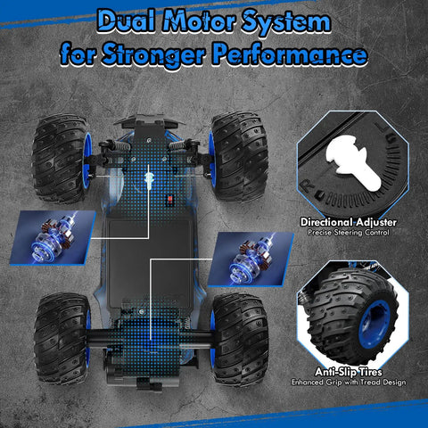 Bottom view of All Terrain 1:18 RC Car With LED Lights 2WD Remote Control Truck Tops Out At 20 KMH Rechargeable Batteries 2.4GHz Radio