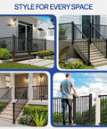 Collage of 4 Ft Aluminum Deck Gate Kit for 36 Inch High Railings installed on porches, decks, and stairs.