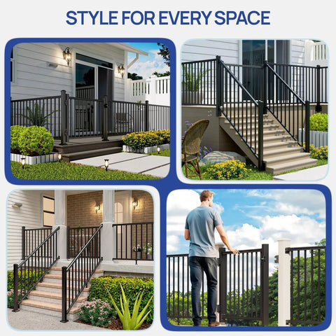 Collage of 4 Ft Aluminum Deck Gate Kit for 36 Inch High Railings installed on porches, decks, and stairs.