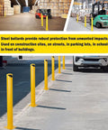 Keep Your Spot Secure With Rock Solid 42 Inch Steel Safety Bollards 4.5 Inch Diameter High Visibility Yellow Parking Barrier Posts Built For Tough Driveway Traffic Control 3 Pack displayed in a parking lot setting, showcasing their robust build.