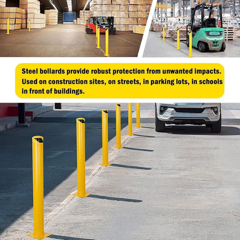 Keep Your Spot Secure With Rock Solid 42 Inch Steel Safety Bollards 4.5 Inch Diameter High Visibility Yellow Parking Barrier Posts Built For Tough Driveway Traffic Control 3 Pack displayed in a parking lot setting, showcasing their robust build.