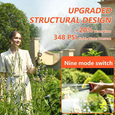 Woman using retractable garden hose reel with 130 feet of heavy duty wall mount, 5/8 inch hose, 9 pattern nozzle
