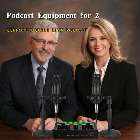 Two Microphone Podcast Bundle with BM 800 Studio Condenser Mics, upgraded sound card, dual desktop stands for podcasting.