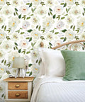 Bedroom with Peony Floral Wallpaper For Bedroom And Nursery, Vintage Watercolor Peel And Stick Mural behind bed, lamp on side table