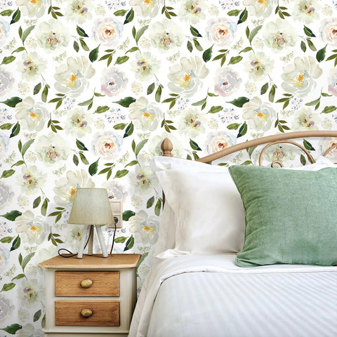 Bedroom with Peony Floral Wallpaper For Bedroom And Nursery, Vintage Watercolor Peel And Stick Mural behind bed, lamp on side table