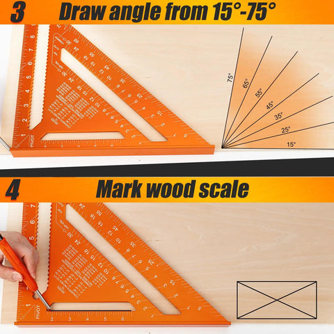 Pro Grade 12 Inch Carpenter Square And Rafter Square With Laser Etched Scale for marking angles and dimensions on wood.