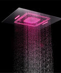 Premium Led Thermostatic Shower System Slick 60 Inch Rainfall Head with pink LED mist feature overhead view.