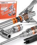 Front view: THINKWORK grease gun coupler set with metal fittings and orange box, includes 90-degree adapter