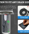 Diagram showing Odor-Proof Shower Drain Plug That Keeps Stink Out With Magnetic Closure Valve, silicone ring, and hair catcher features.