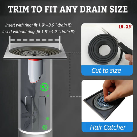 Diagram showing Odor-Proof Shower Drain Plug That Keeps Stink Out With Magnetic Closure Valve, silicone ring, and hair catcher features.