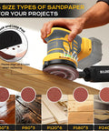Cordless Palm Sander Tool Only Brushless Motor 5 Inch Random Orbital Sander showing sandpaper sizes compatible for projects.