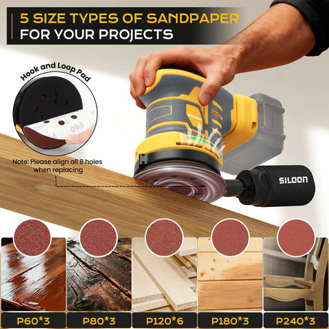 Cordless Palm Sander Tool Only Brushless Motor 5 Inch Random Orbital Sander showing sandpaper sizes compatible for projects.