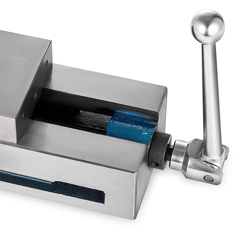 Rugged 4 Inch Nodular Cast Iron Bench Vise With Knockout Super Lock Grip And Raw 19KN Holding Power showing handle and clamp mechanism.