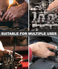 Collage of hands using 107 Piece Bit Socket Set With 1/4 3/8 And 1/2 Inch Drives on various mechanical parts.