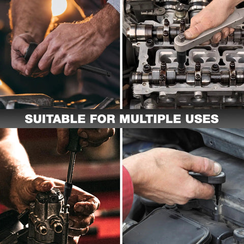 Collage of hands using 107 Piece Bit Socket Set With 1/4 3/8 And 1/2 Inch Drives on various mechanical parts.