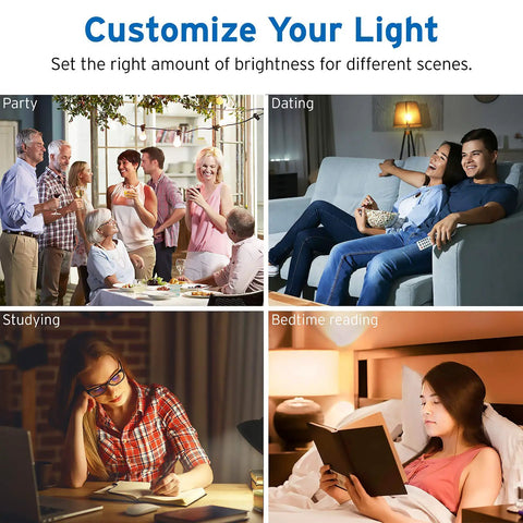 Smart LED Light Bulb That Plays Nice With Alexa Google Home And IFTTT No Hub Required 4 Pack 9W 60W Equivalent 806 Lumens 2700K Dimmable shown in various home settings