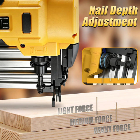 Heavy Duty Cordless Two In One Brad Nailer And Stapler Set For Woodworking showing nail depth adjustment feature.