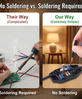 Comparison image showing Two Pack Upgraded Inline Dimmer Switch For Lamp Cord Black setup, no soldering vs soldering required.